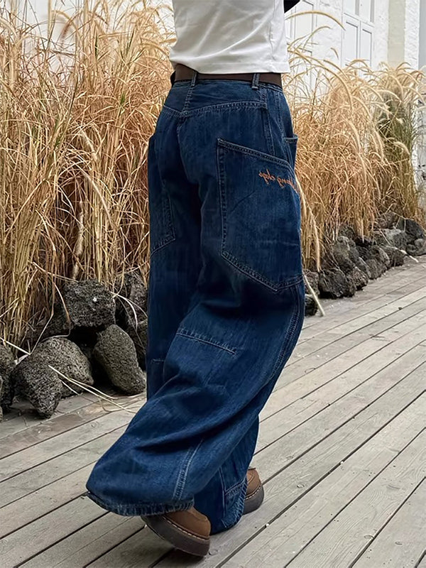 Scimitar Design Large Pocket Splicing Boyfriend Jeans