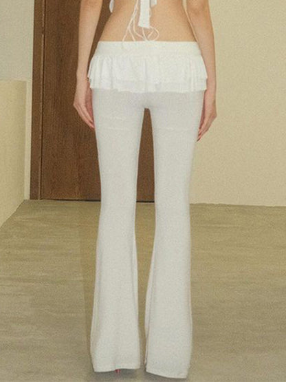 Solid Ruffled Trim Tie Up Flare Leg Pants