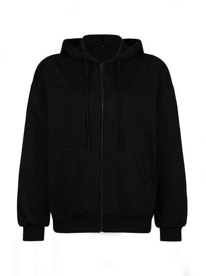 Solid Drawstring Zip Up Oversized Hoodie