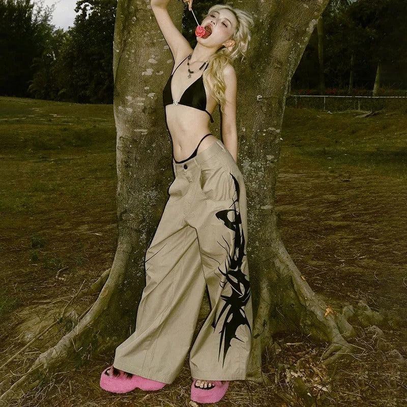 Khaki Print Street Style Pants