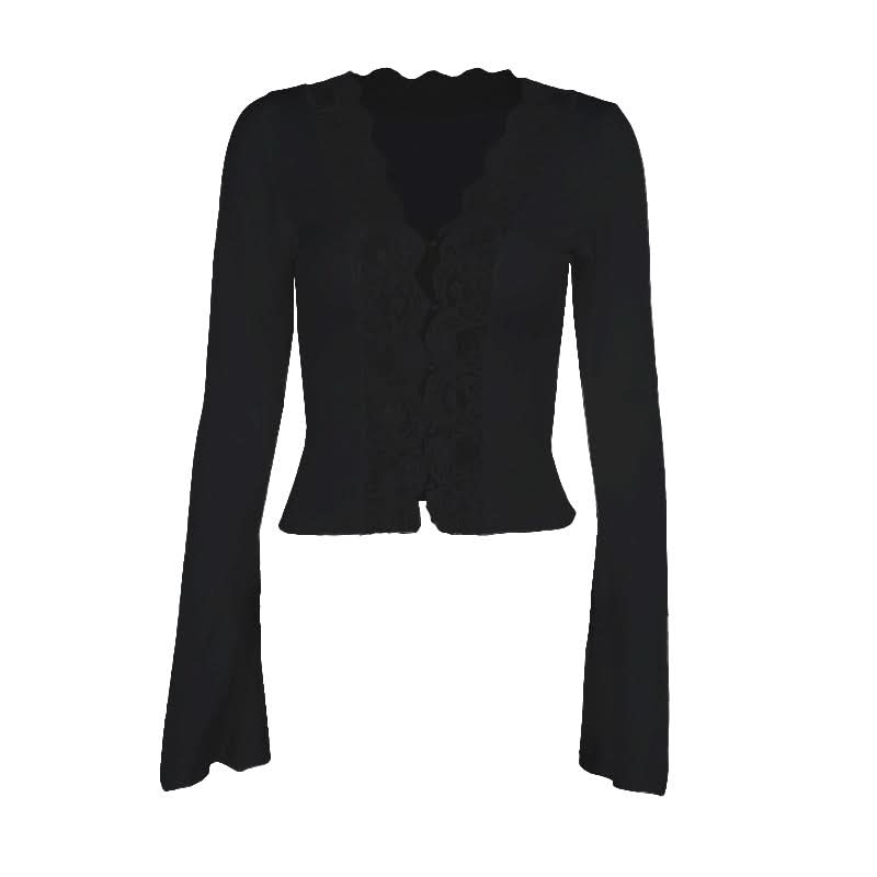 Long sleeve v neck lace hem button top  | Festival Outfits Women