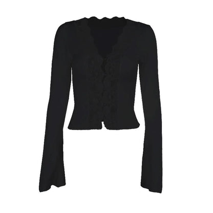 Long sleeve v neck lace hem button top  | Festival Outfits Women