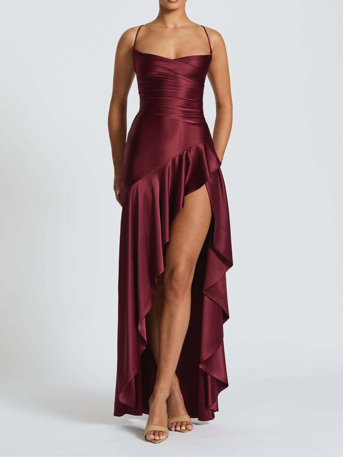 Spaghetti Strap Backless Ruffled Irregular Long Dress