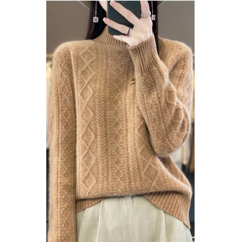 Elegante jersey de punto trenzado con cuello alto para mujer | Ideal para otoño/invierno