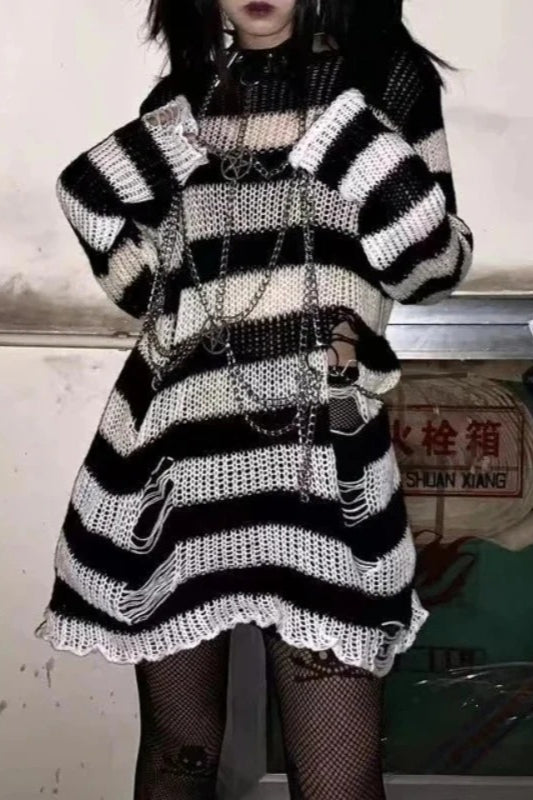 Goth Striped Ripped Long Sleeve Knitted Sweater