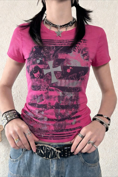 Y2K Gothic Cross Print Slim Crop T-shirt