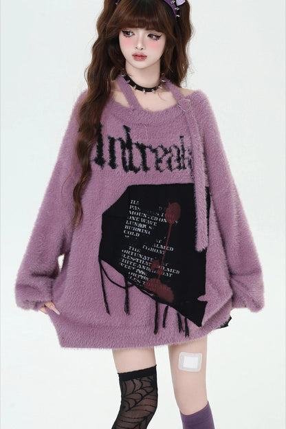Y2K Japanese Sweet Cool Off-Shoulder Soft Loose Knit Sweater