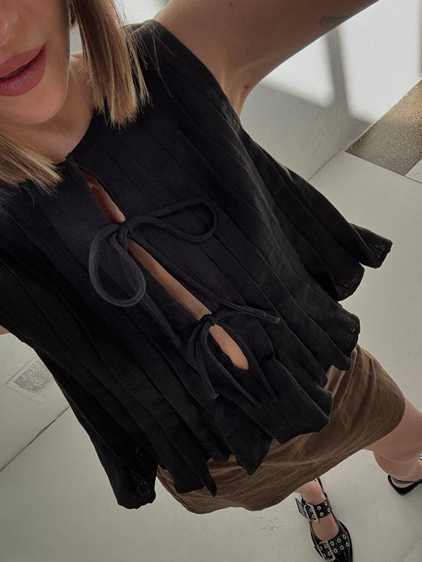 Tie strap cotton and linen vest