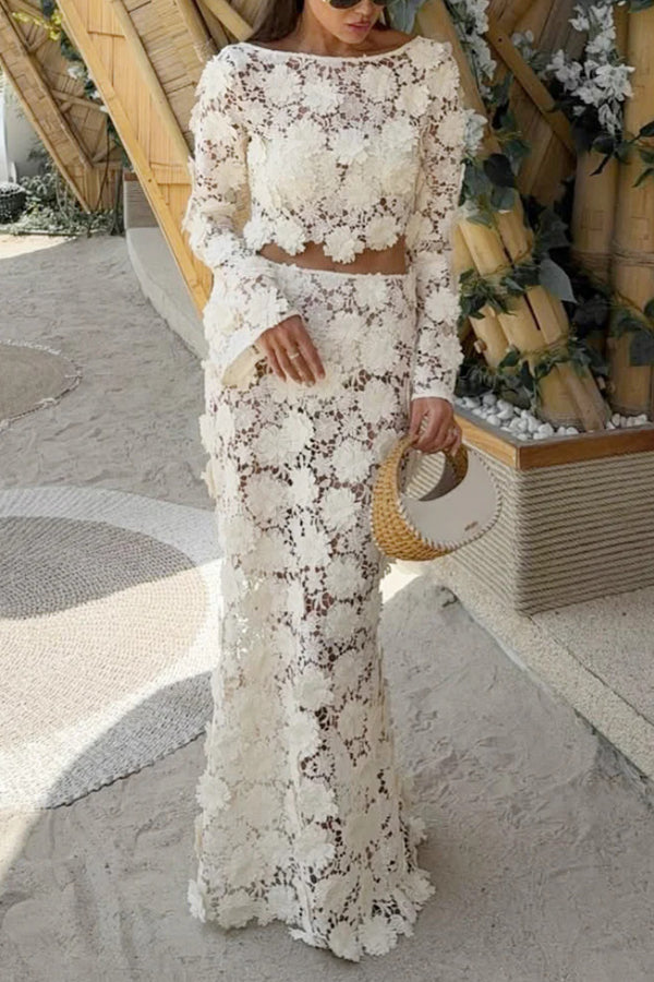 Stylish Long-sleeved Backless Lace Top and Elegant Openwork Maxi Fishtail Skirt Set