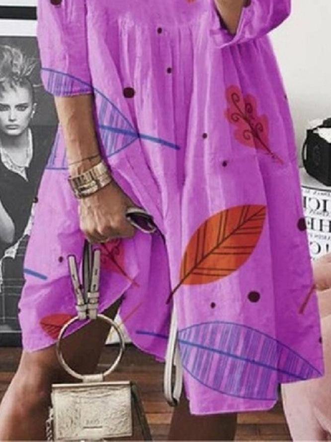 3/4 Sleeve Leaf Print High Waist Midi Dress for Women