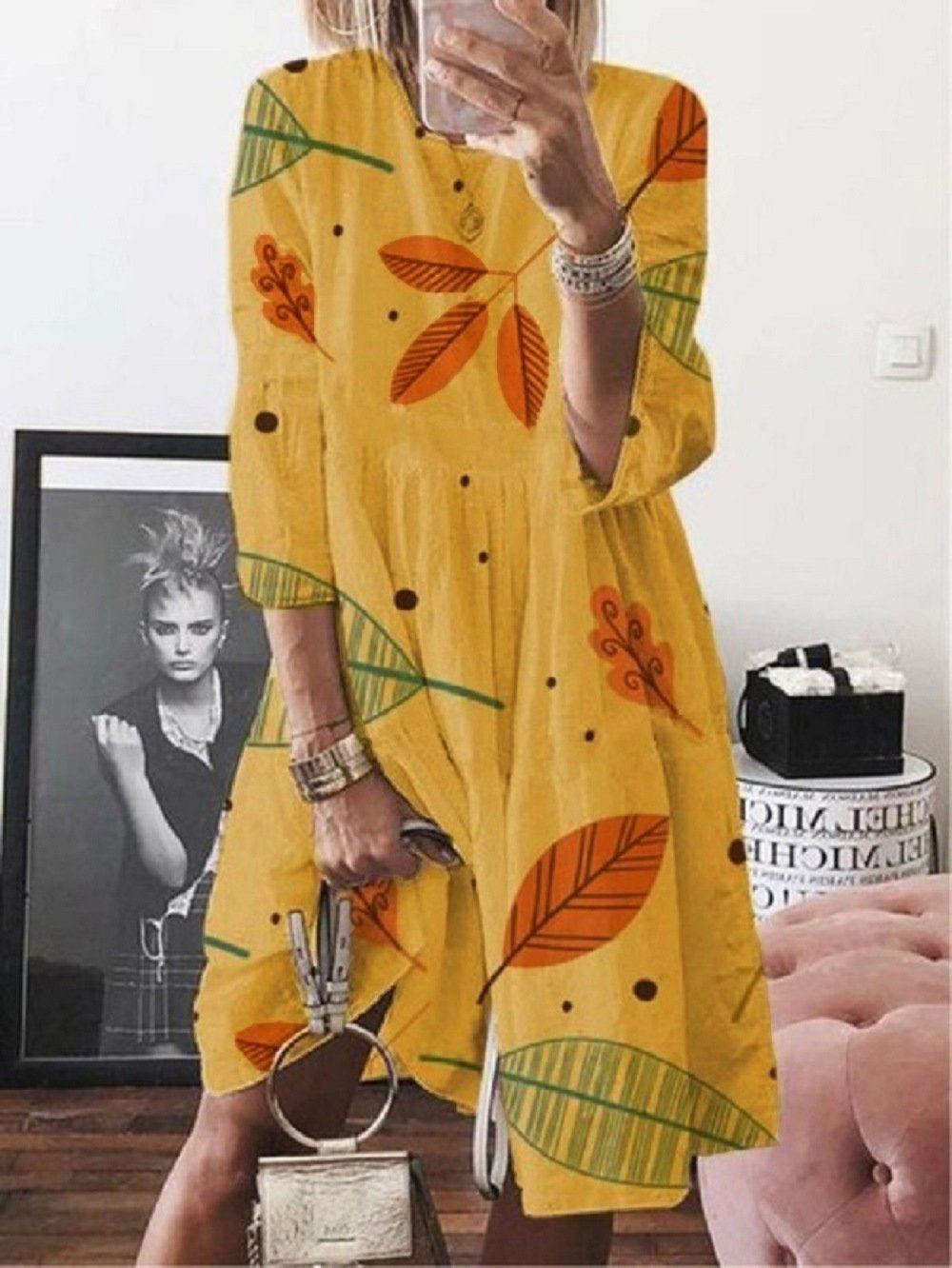 3/4 Sleeve Leaf Print High Waist Midi Dress for Women