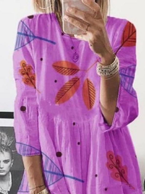 3/4 Sleeve Leaf Print High Waist Midi Dress for Women