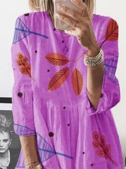 3/4 Sleeve Leaf Print High Waist Midi Dress for Women