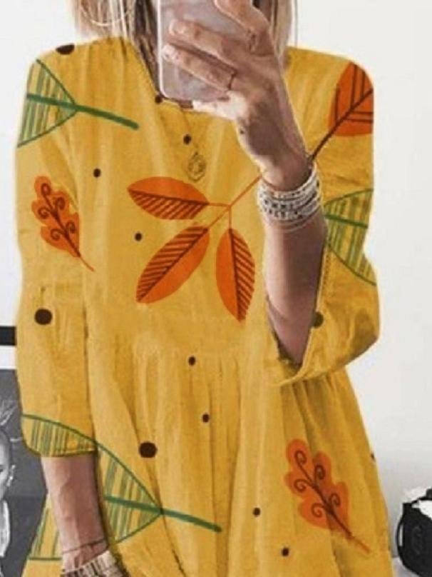 3/4 Sleeve Leaf Print High Waist Midi Dress for Women