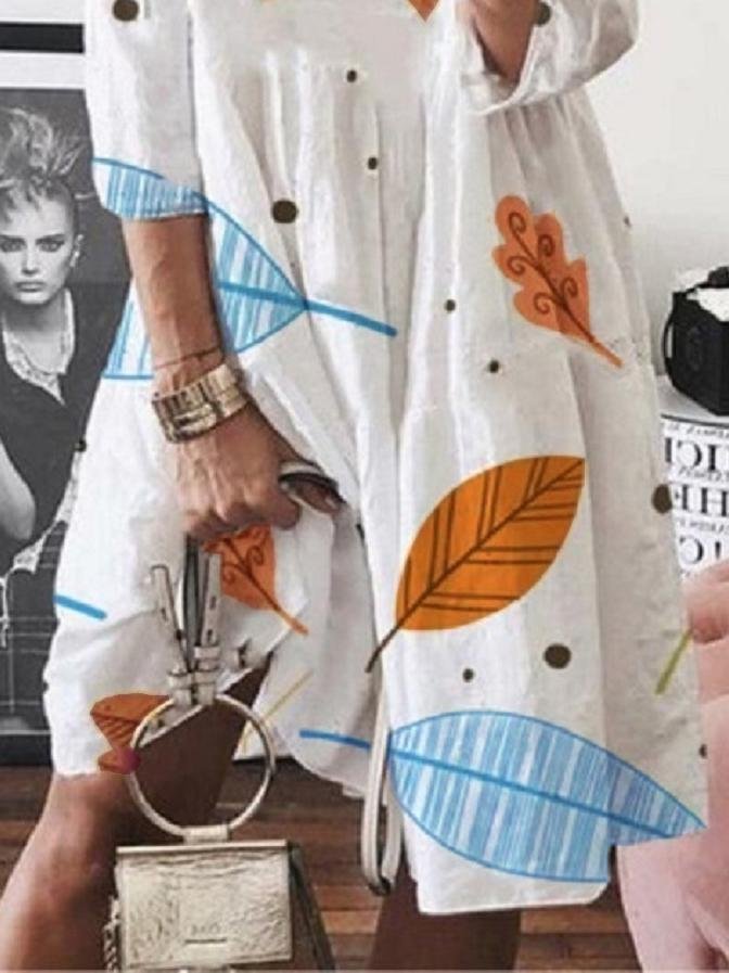 3/4 Sleeve Leaf Print High Waist Midi Dress for Women