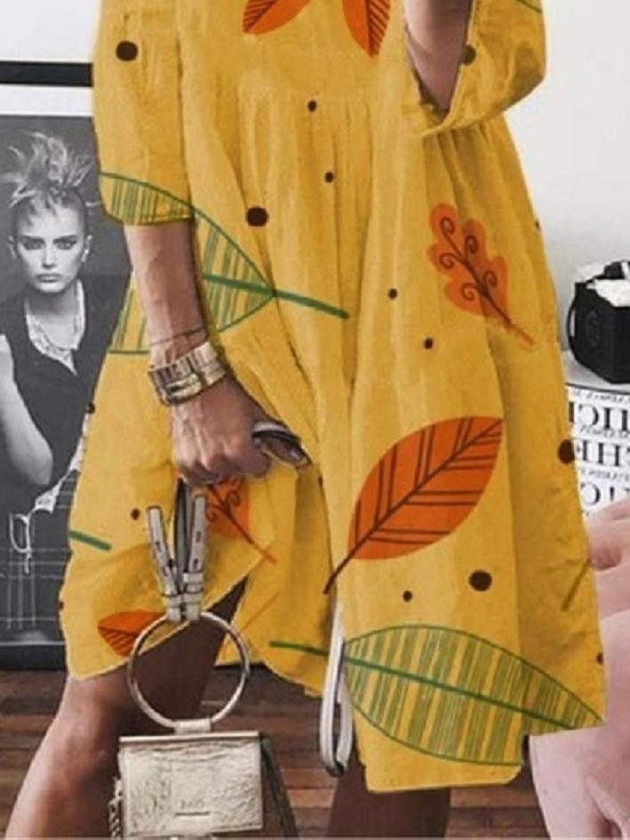 3/4 Sleeve Leaf Print High Waist Midi Dress for Women