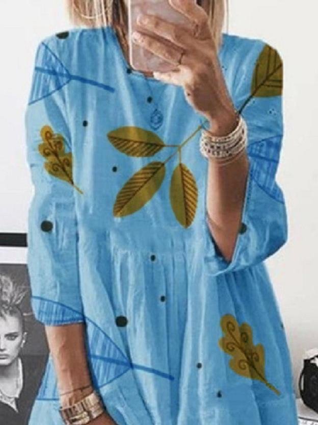 3/4 Sleeve Leaf Print High Waist Midi Dress for Women