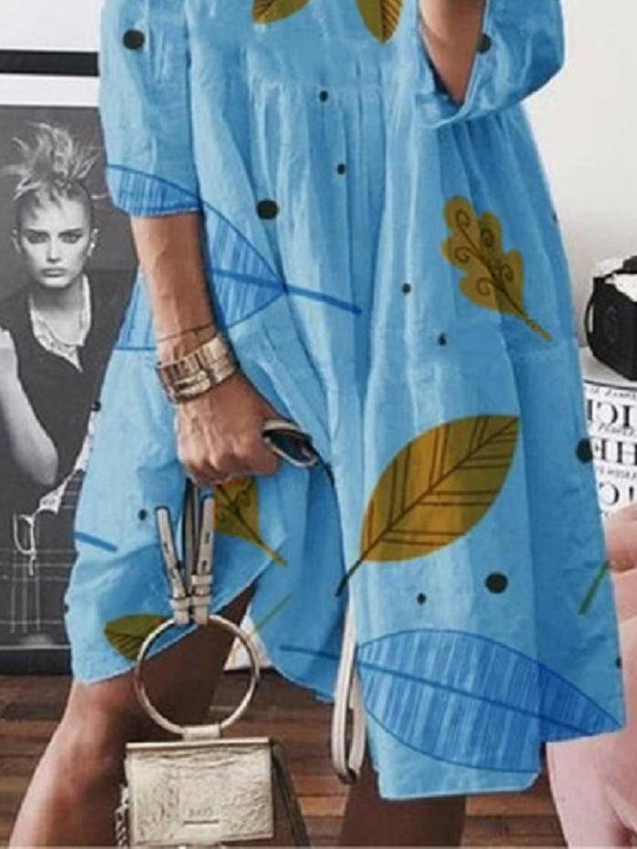 3/4 Sleeve Leaf Print High Waist Midi Dress for Women