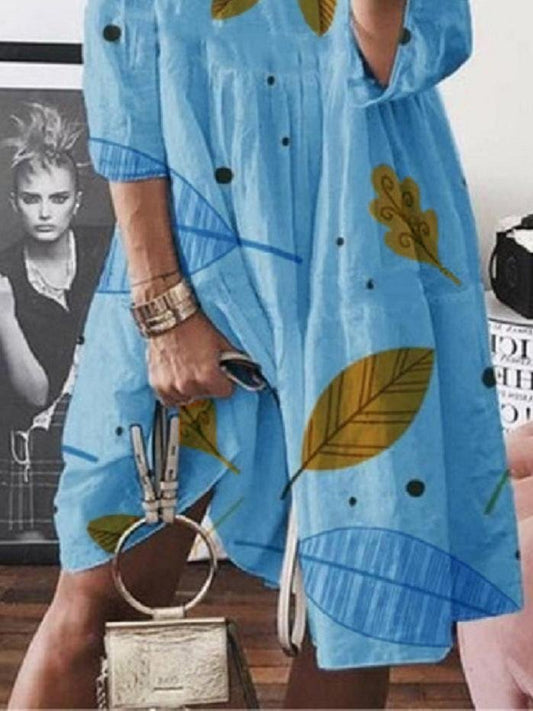 3/4 Sleeve Leaf Print High Waist Midi Dress for Women