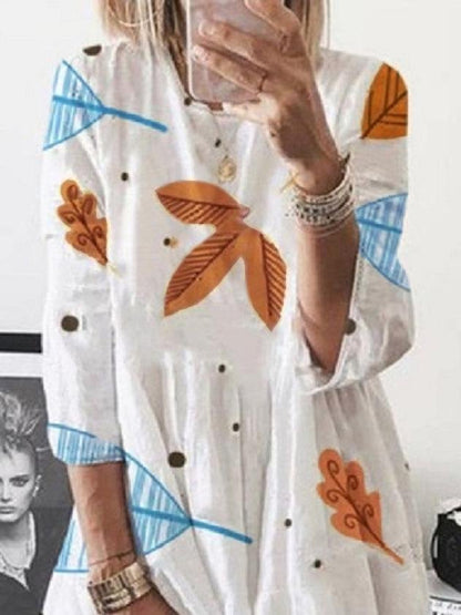 3/4 Sleeve Leaf Print High Waist Midi Dress for Women