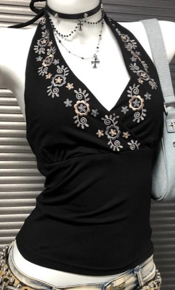 Y2K Black V-neck Embroidered Halter Backless Retro Cami Top