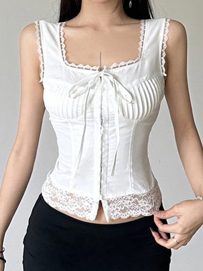 White Square Neck Lace Stitching Tie Up Slim Tank Top