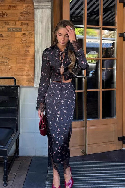 Button Front Floral Long Sleeve Blouse Skirt Set