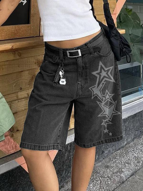 Star Print High Waist Straight Leg Denim Shorts