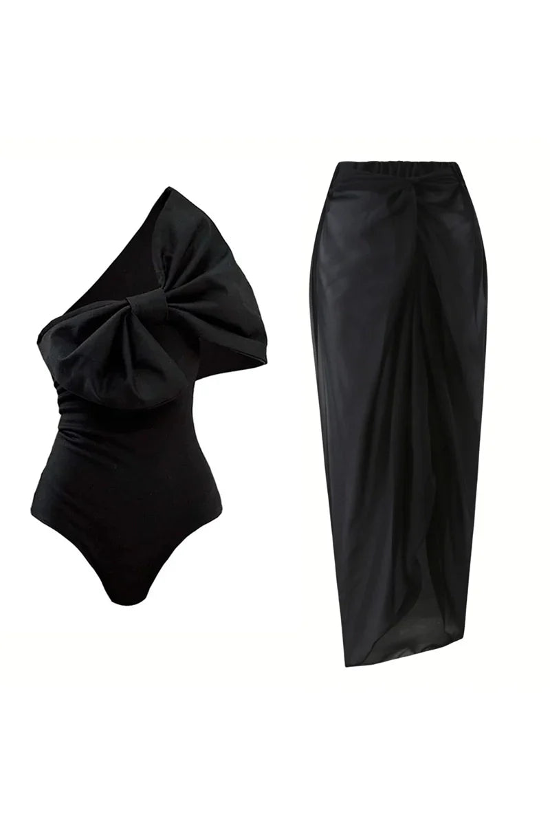 Traje de baño de una pieza con lazo blanco y negro