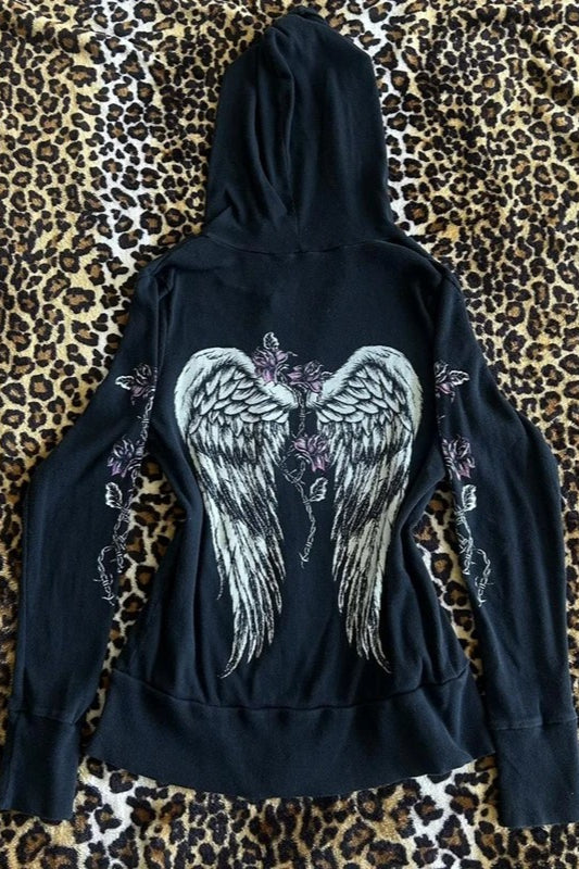 Vintage Flower Wings Print Hoodie