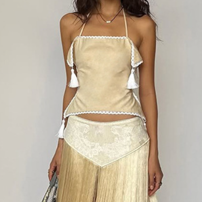 Self tie halter lace hem square neck backless top  | Festival Outfits Women