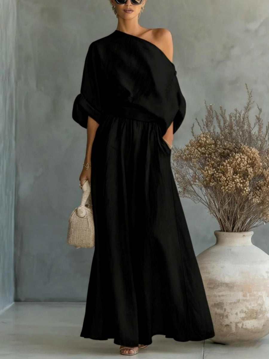 Loose-fit Off-shoulder Jacket Wide-leg Pants Set 2-piece Sets