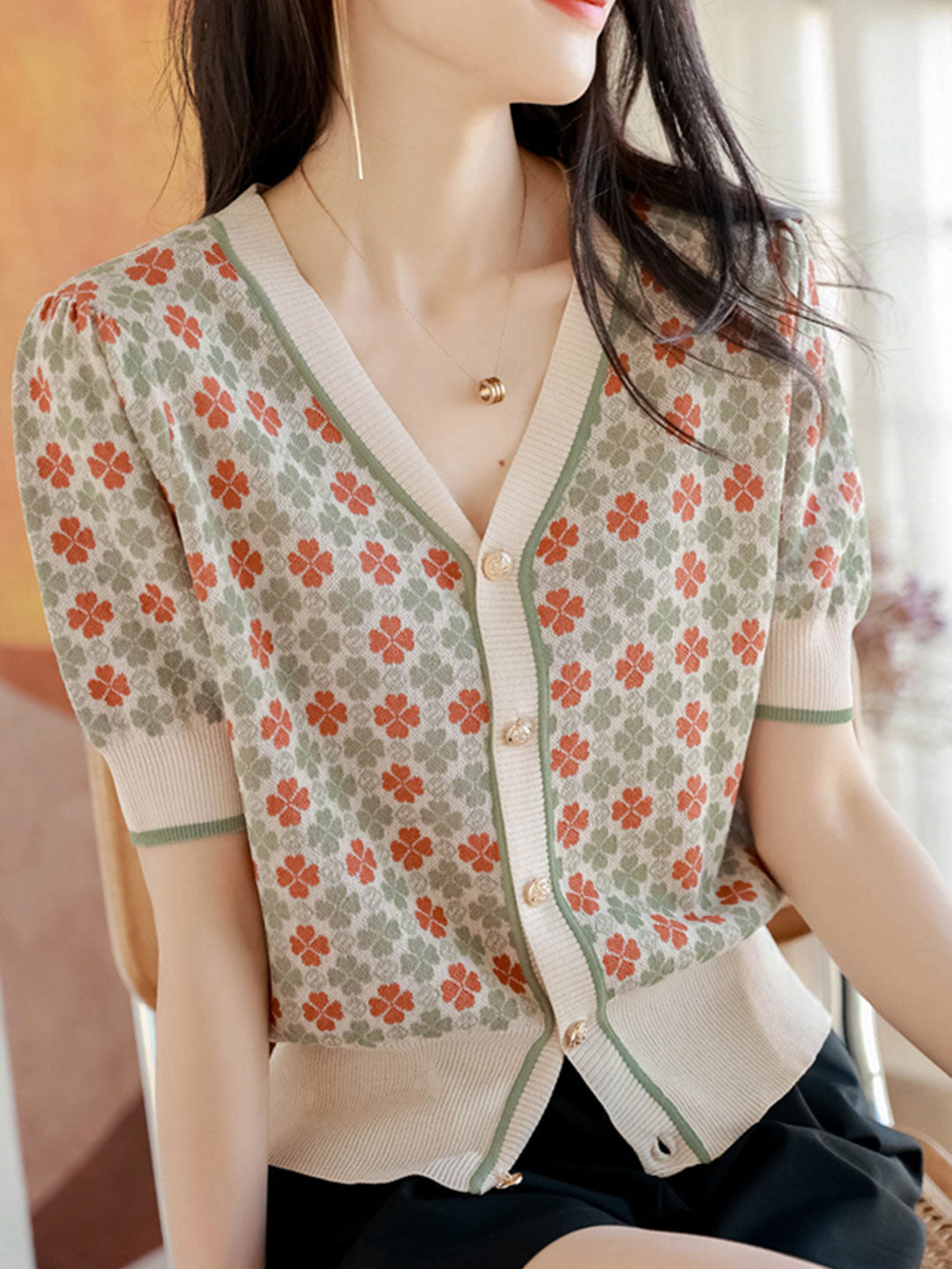 Sophia Vintage V-neck Printed Jacquard Cardigan