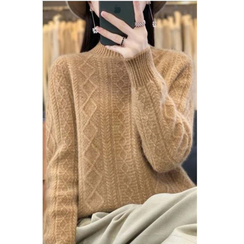 Elegante jersey de punto trenzado con cuello alto para mujer | Ideal para otoño/invierno