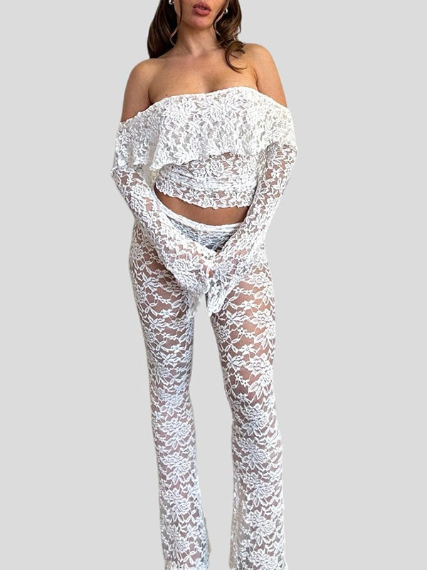 Lace Off Shoulder Long Sleeve Tee & Flared Pants Set