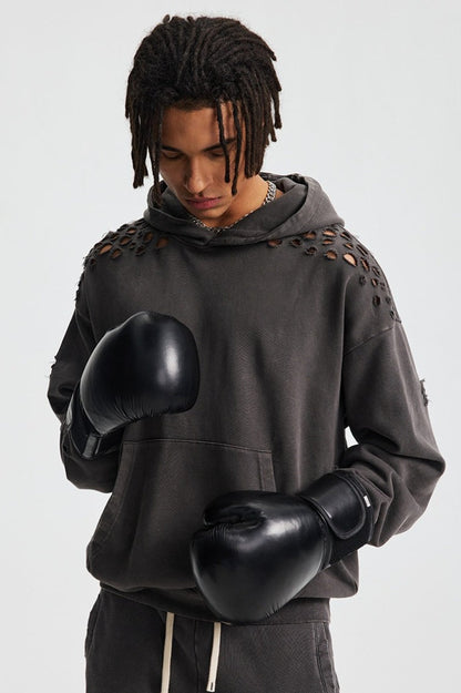 Ripped Washed Snow Print Hoodie