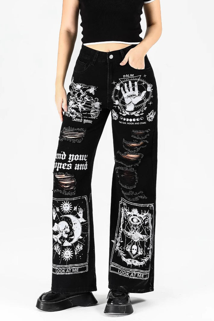 Black Distressed Graphic Straight-Leg Pants