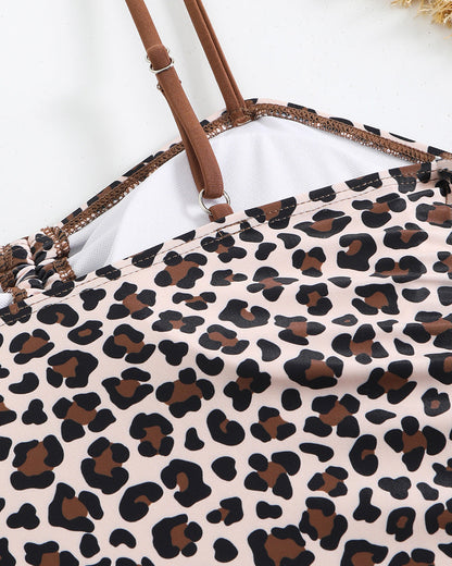 Leopard Print Drawstring Swimsuit One-Piece Bikini