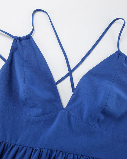 Blue Cotton and Linen V-Neck Halter Back Dress