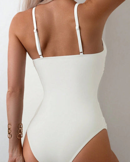 Solid Color Mesh Splicing Hollow One-Piece Swimsuit