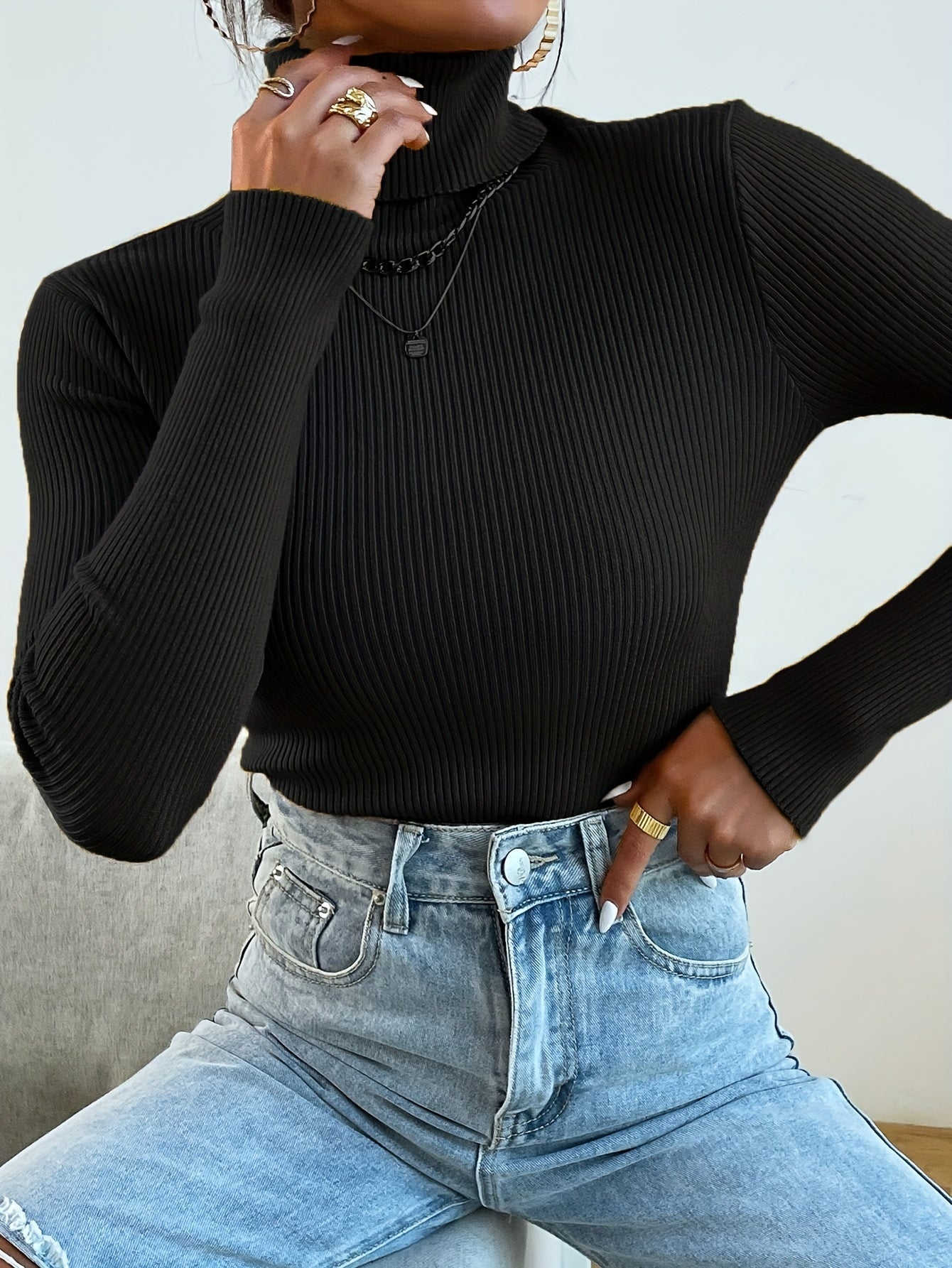 Suéter de cuello alto acanalado negro, ajustado y acogedor para mujer | Ideal para otoño/invierno