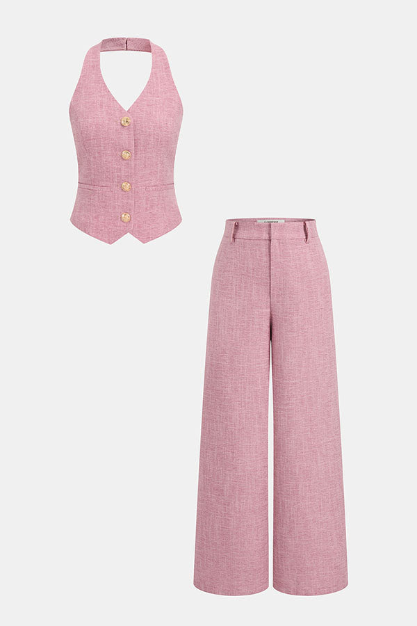 City Outfit Linen Blend Metal Button Halter Vest and Pocket Wide Leg Pants Set