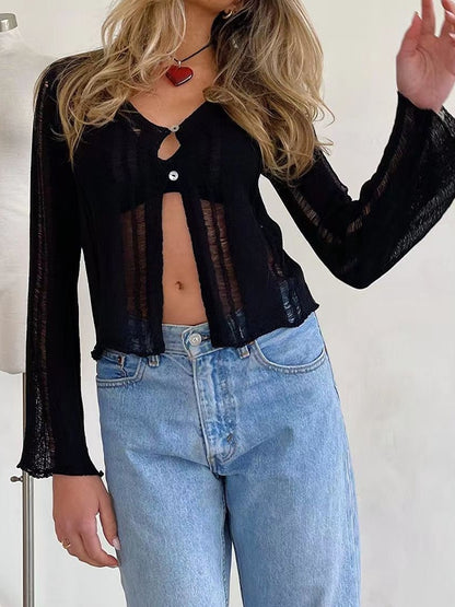 Cutout Slit Trumpet Sleeve Long Sleeve Knit