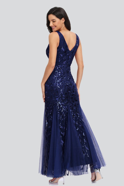V Neck Sheer Embroidered Sequin Sexy Prom Dress