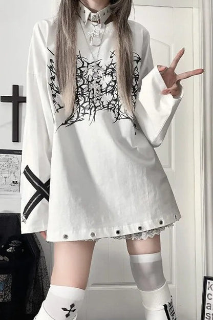 Dark Print Cotton Loose Long Sleeve T-Shirt