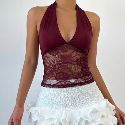 Halter v neck lace self tie backless top  | Festival Outfits Women
