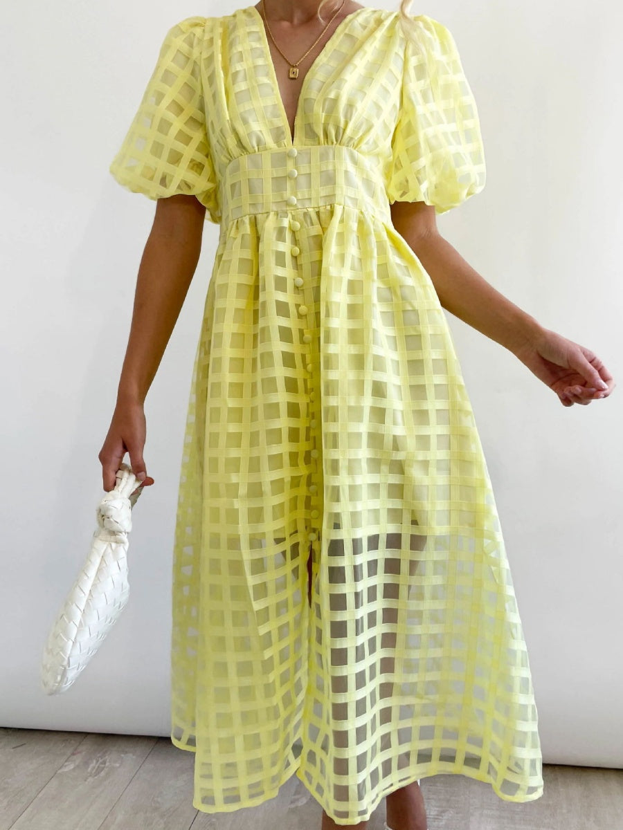 Balloon Sleeve Color Hollow Temperament Midi Dresses