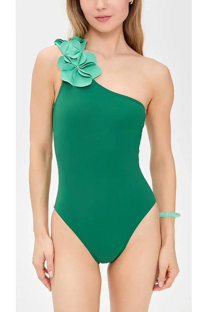 Traje de baño floral 3D de un solo hombro verde