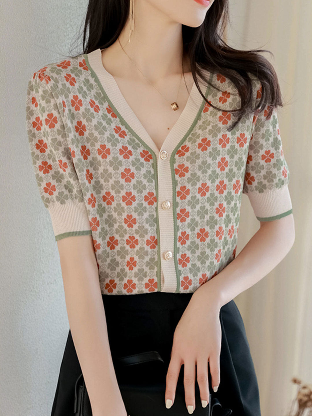 Sophia Vintage V-neck Printed Jacquard Cardigan