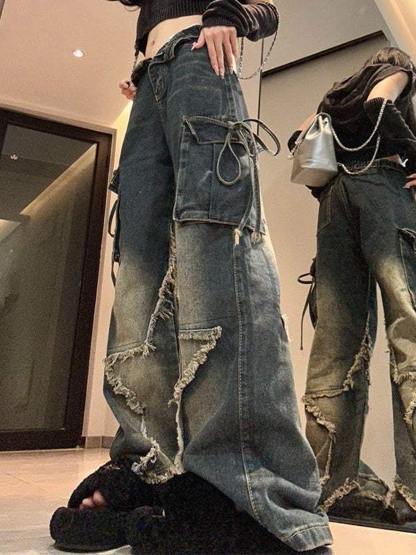 Hip Pop Multi Pocket Raw Trim Tie Up Cargo Jeans